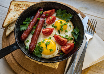 Eggs with sausages and vegetables