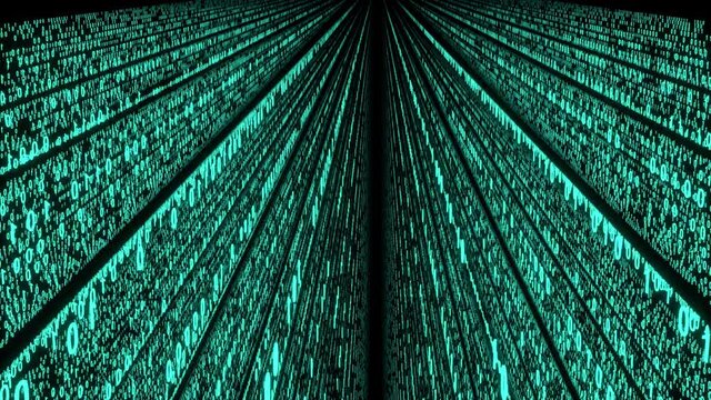 View of a camera that is towering over a stream of huge digital bits made up of light blue binary codes 0 and 1 that are running in parallel strips towards infinity, dips into it slowly
