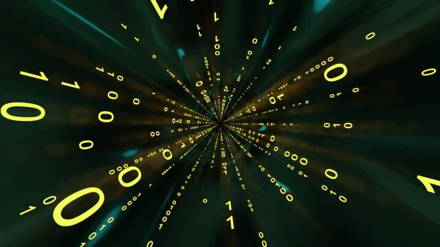 View from the centre of an abstract tunnel where many yellow bits composed from 0 and 1 are flowing away in a straight line to the infinite