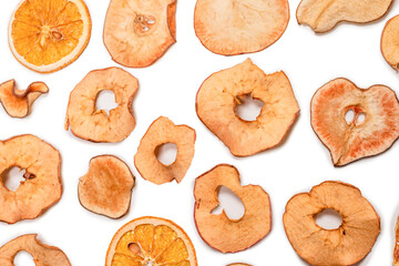 Dried fruit isolated on white background. Dried grapefruit, dried apple, dried pear.