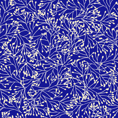 Seamless pattern dense grass plants ornament, leaves branches royal blue white. Repeating floral nature background delicate dense elegant backdrop for fabric, wallpaper. High quality illustration.
