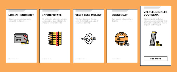 Bullet Ammunition Onboarding Mobile App Page Screen Vector. Bullet Expelling From Gun Barrel Shooting And Hole, Cartridge, Armor Piercing, Boat Tail And Soft Point Illustrations