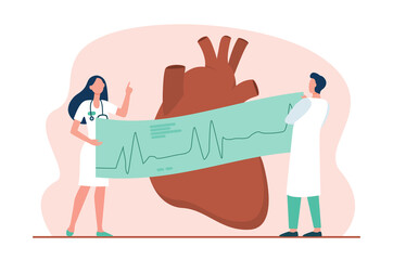 Cardiologists with ECG graph examining heart. Medical checkup flat vector illustration. Cardiology, healthcare, heart disease, medicine concept for banner, website design or landing web page