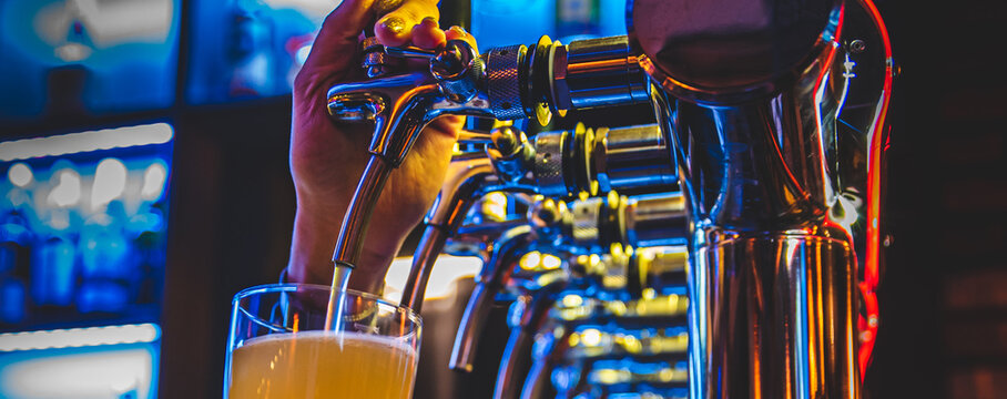 bartender hand at beer tap pouring a draught beer in glass serving in a restaurant or pub