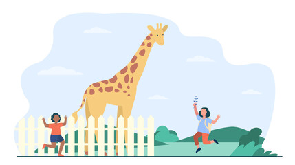 Happy children watching giraffe in zoo. Girls running, tall mammal behind fence flat vector illustration. Zoo, nature, wildlife, family activity concept for banner, website design or landing web page