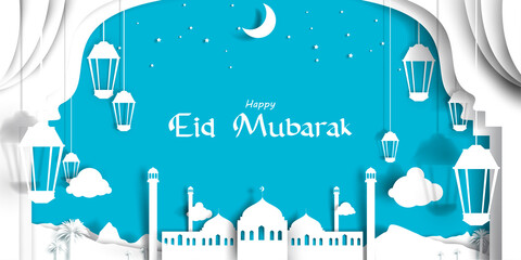 Eid Mubarak greeting Card Illustration with paper cut style. Ramadan kareem with paper art style