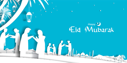 People celebration, forgive each other and shake hands in eid festival with paper cut style