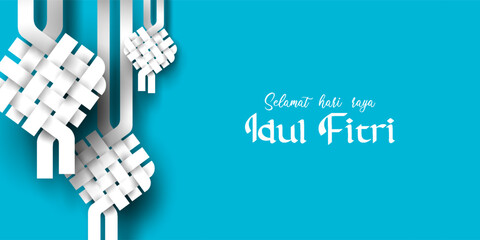 Selamat Idul Fitri with Ketupat ornament . Transalation text ; Happy Eid mubarak with paper cut style