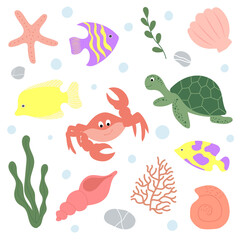 Set of cute cartoon underwater elements. Sea life
