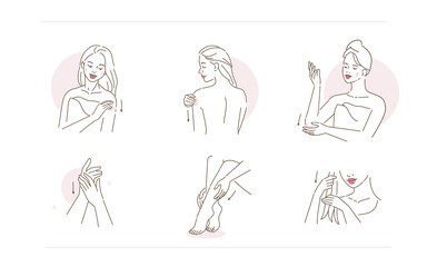 Beauty Girl Take Care of her Body, Hands, Legs and Hair. Woman Applying Beauty Treatment Products. Skin Care Routine, Hygiene and Moisturizing Concept. Flat Vector Illustration and Icons set.