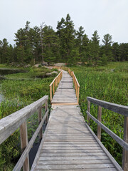 Fototapeta na wymiar Wooden boardwalk going trough the swamp and marsh leading to the rocky shore and coniferous forest. Grundy Provincial Park, Northern Ontario, Canada. Hiking, camping, adventure concept.