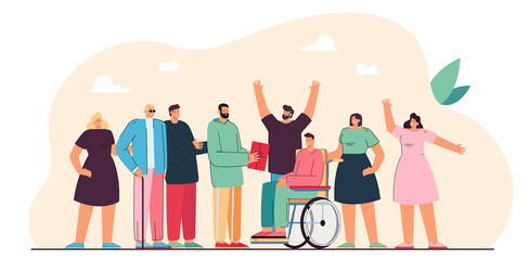 Volunteers giving presents to disabled person. People helping man in wheelchair and blind guy flat vector illustration. Healthcare, volunteering concept for banner, website design or landing web page