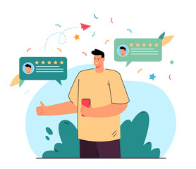 Customer giving positive feedback and reviews online. Client with smartphone recommending flat vector illustration. Social media, online review concept for banner, website design or landing web page