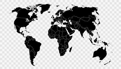 Obraz premium Political world map on transparent background, black color earth continents silhouette.