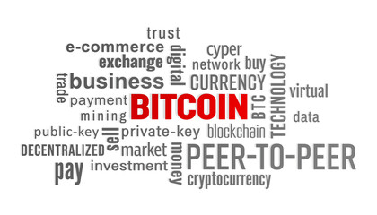 Illustration of a keyword cloud with gray and red text - bitcoin
