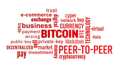 Illustration of a keyword cloud with red text - bitcoin