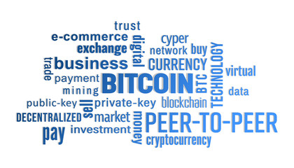 Fototapeta premium Illustration of a keyword cloud with blue text - bitcoin