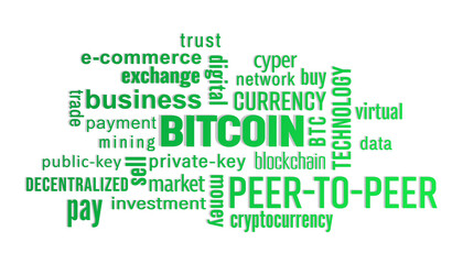 Illustration of a keyword cloud with green text - bitcoin