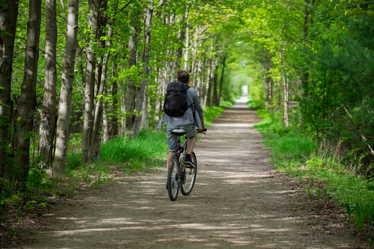Young man biking cycling through the park alley green tunnel made of tree brunches. Summer, spring scene. Recreational sport and cycling concept. Selective focus. Caledon trailway path, Ontario.