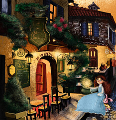 Nice street with atmospheric cafes and a cute girl with a bunny. Fairy tale and illustration.