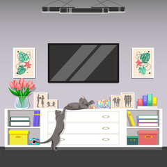 Cozy living room, interior object illustrations. Playing cats, photographs, a vase of tulips, modern cabinet. Modern TV and pictures. Vector illustration