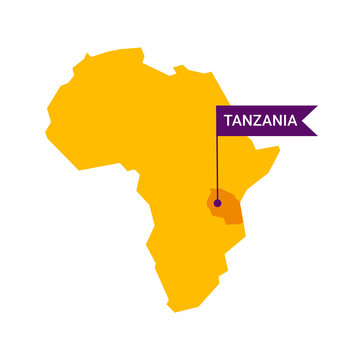Tanzania on an Africa s map with word Tanzania on a flag-shaped marker. Vector isolated on white.
