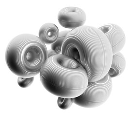 3d render of black and white monochrome abstract 3d composition with flying soft deformed donuts rings or torus in matte aluminum metal material with glossy round parallel stripes on surface on white