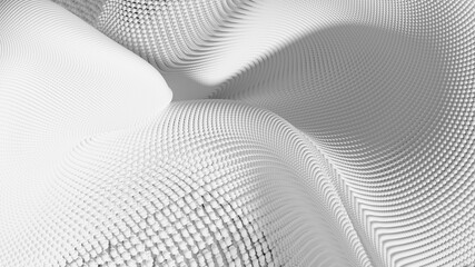 3d render of abstract art black and white monochrome 3d landscape background with surreal dunes field in curve wavy lines forms based on scattered small balls particles in white 