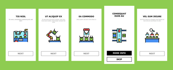 Industrial Process Onboarding Mobile App Page Screen Vector. Industrial Production And Manufacturing, Creative Command Department And Meeting, Conveyor And Delivery Illustrations