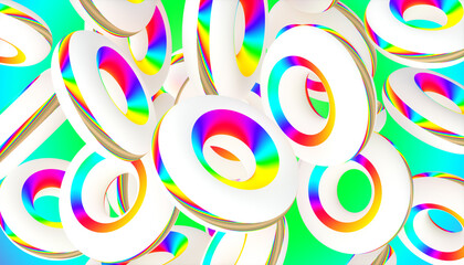 3d render of abstract art of surreal 3d background with festive party rings donuts or torus in soft round shapes in matte white plastic material with stripes in rainbow gradient color on green back