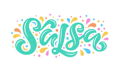 Salsa lettering vector illustration with texture for logo design, banners, tags and announcements. Hand-drawn calligraphy in trendy colors on white background. - obrazy, fototapety, plakaty