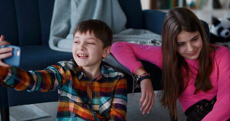 Funny adorable teen couple of elder sister and young brother using mobile phone making online video broadcast blog for followers on social media. Siblings.