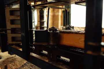 wooden board on the conveyor. people work on an automated sawmill. industrial enterprise for wood...