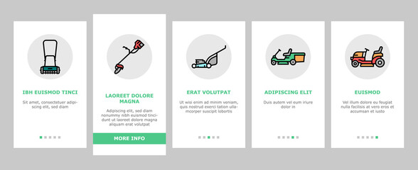 Lawn Mower Equipment Onboarding Mobile App Page Screen Vector. Electrical, Gasoline And Smart Automatical Lawn Mower Garden Machine For Cutting Grass Illustrations