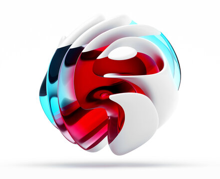 3d render of abstract art 3d ball in spherical organic curve round wavy smooth and soft bio forms in white aluminum metal material with matte glass parts in red and blue gradient color on white back