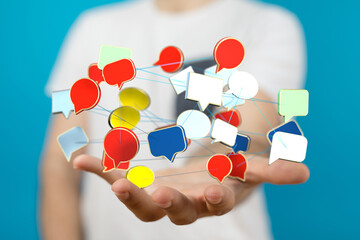 Talk bubble speech icon. Hand holding blank
