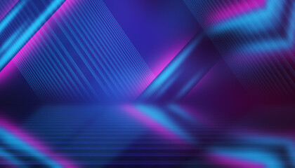 Dark abstract background of empty show stage. Laser show, neon ultraviolet rays, party. 3d illustration