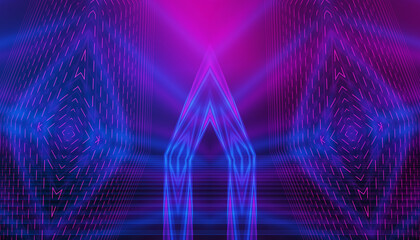 Dark abstract background of empty show stage. Laser show, neon ultraviolet rays, party. 3d illustration