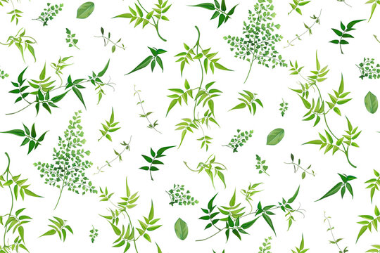 Vector watercolor style seamless greenery leaf pattern. Tropical leaves, jasmine vine, different fresh foliage. Textile fabric, wallpaper design, trendy fresh art. Natural, organic texture, background