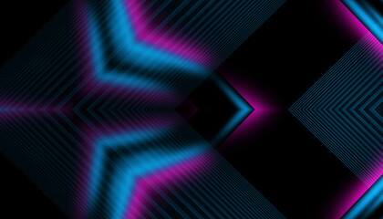 Empty dark abstract background with ultraviolet geometric lines. Neon glow.