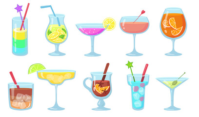 Creative popular alcohol cocktails flat pictures set. Cartoon gin, martini, gluehwein, juice, pina colada in glasses isolated vector illustrations. Drinks and beverages concept