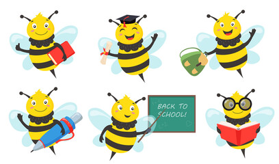 Cute bee in school flat pictures collection. Cartoon creative bee character learning and holding book, pen or bag isolated vector illustrations. Graduation and study concept - obrazy, fototapety, plakaty