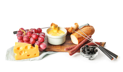 Cheese fondue and different snacks on white background