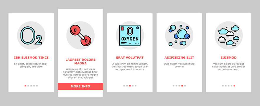 Oxygen O2 Chemical Onboarding Mobile App Page Screen Vector. Diatomic Molecule And Oxygen Bubbles, Blood And Water, Facial Mask And Medical Equipment Illustrations