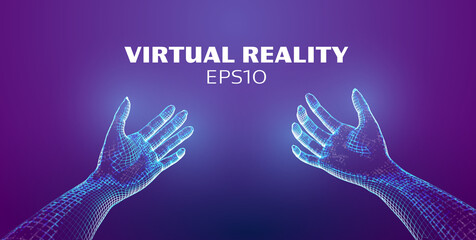 Virtual reality vector background. Hands in VR technology. Touch to virtual reality cyberspace. Augmented tech