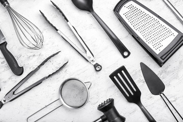 Set of kitchen utensils on light background