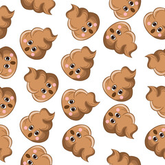 Obraz premium Seamless pattern with kawaii poop on white background. Cartoon poo, feces icons. Shit patterns, evil turd. Vector illustration for invitation, poster, card, fabric, textile. Doodle style