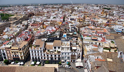 City View from Giralda Spire Bell Tower in Seville Cathedral in Andalusia Spain.