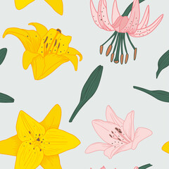 Seamless pattern with lilies flowers. Vector illustration in hand drawn style