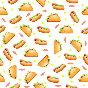 Seamless Pattern Abstract Elements Hot Dog And Tacos Fast Food Vector Design Style Background Illustration
